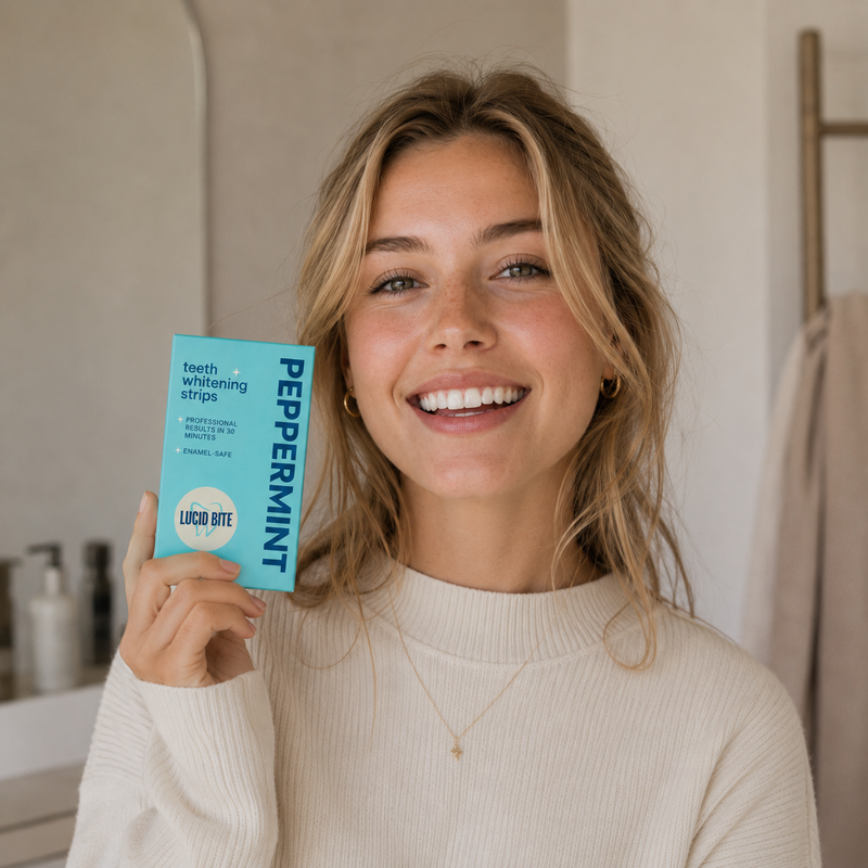 Vrouw met stralende glimlach houdt Lucid Bite whitening strips pepermunt vast