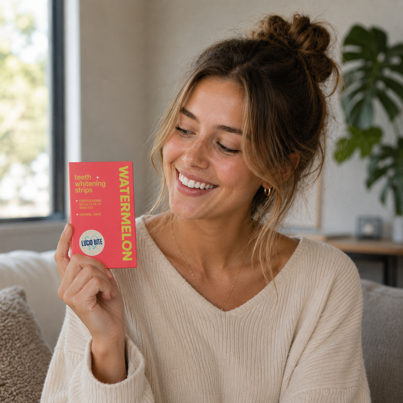 Vrouw met stralende glimlach houdt Lucid Bite whitening strips watermeloen vast